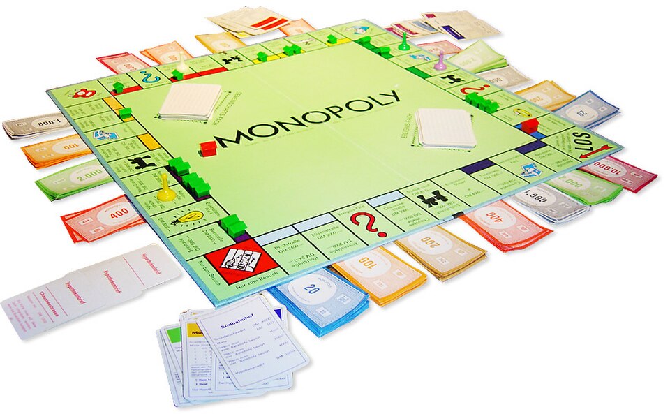 A Monopoly board mid-game